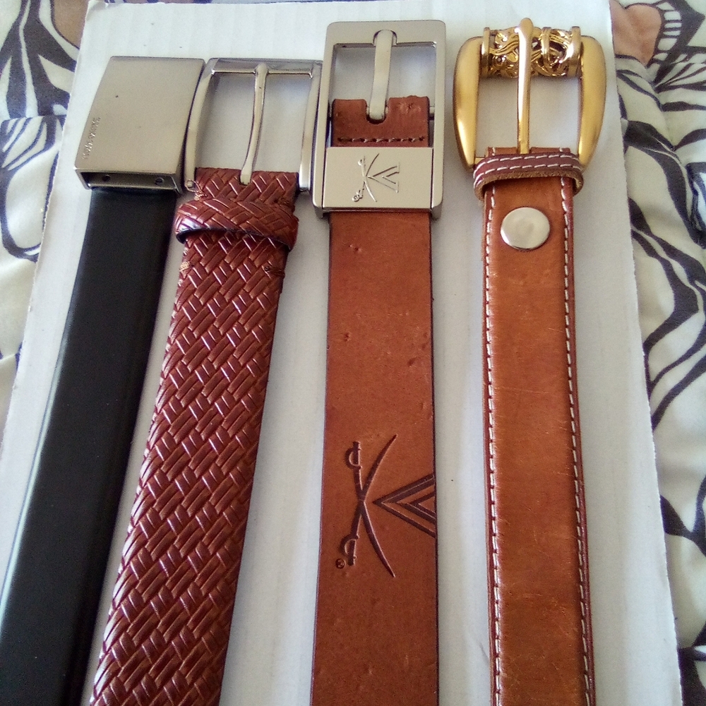 3 Mens Genuine  Leather Belts $28 Sizes 32- 42 + Free Silk Necktie - Picture 9 of 14